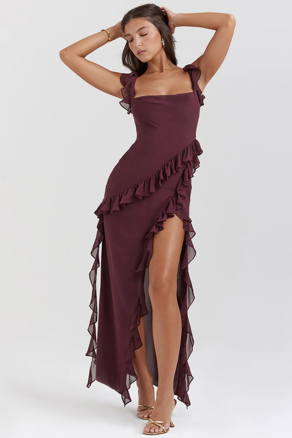 LUNA | ROBE LONGUE À VOLANTS EN CASCADE AVEC BRETELLES FRONCÉES