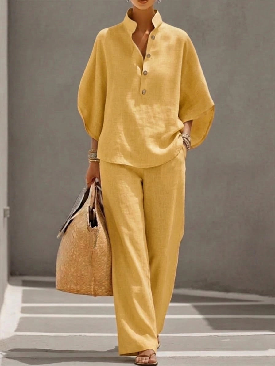 MAYA | ENSEMBLE LIN BLOUSE MANCHES BOUFFANTES BOUTONS & PANTALON LARGE