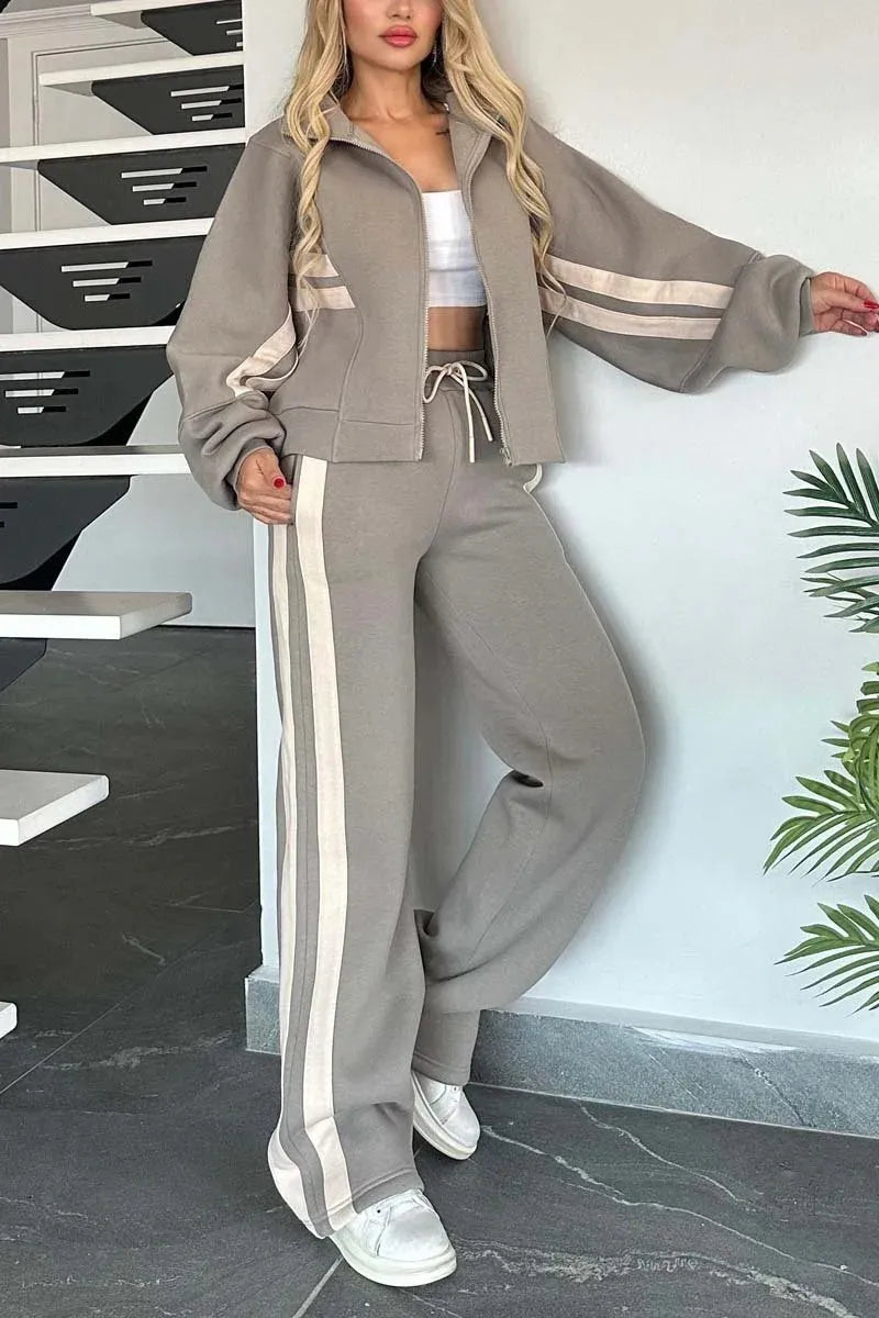 ÉLARA | ENSEMBLE VESTE ZIP & PANTALON LARGE À BANDES CONTRASTÉES