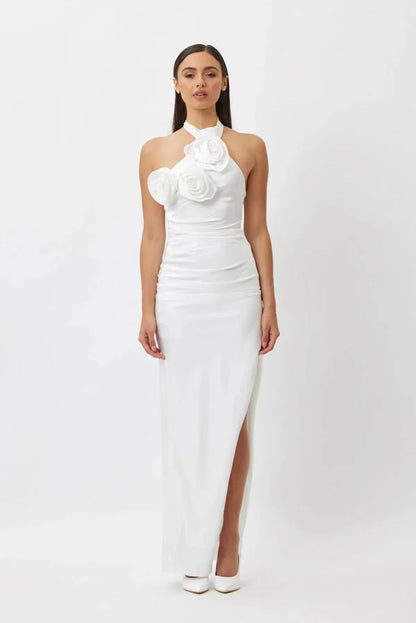 ROSA | ROBE HALTER FOURREAU AVEC FLEURS EN SATIN