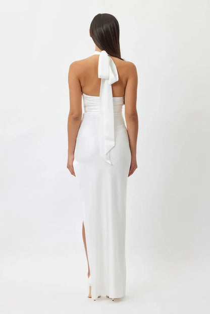 ROSA | ROBE HALTER FOURREAU AVEC FLEURS EN SATIN