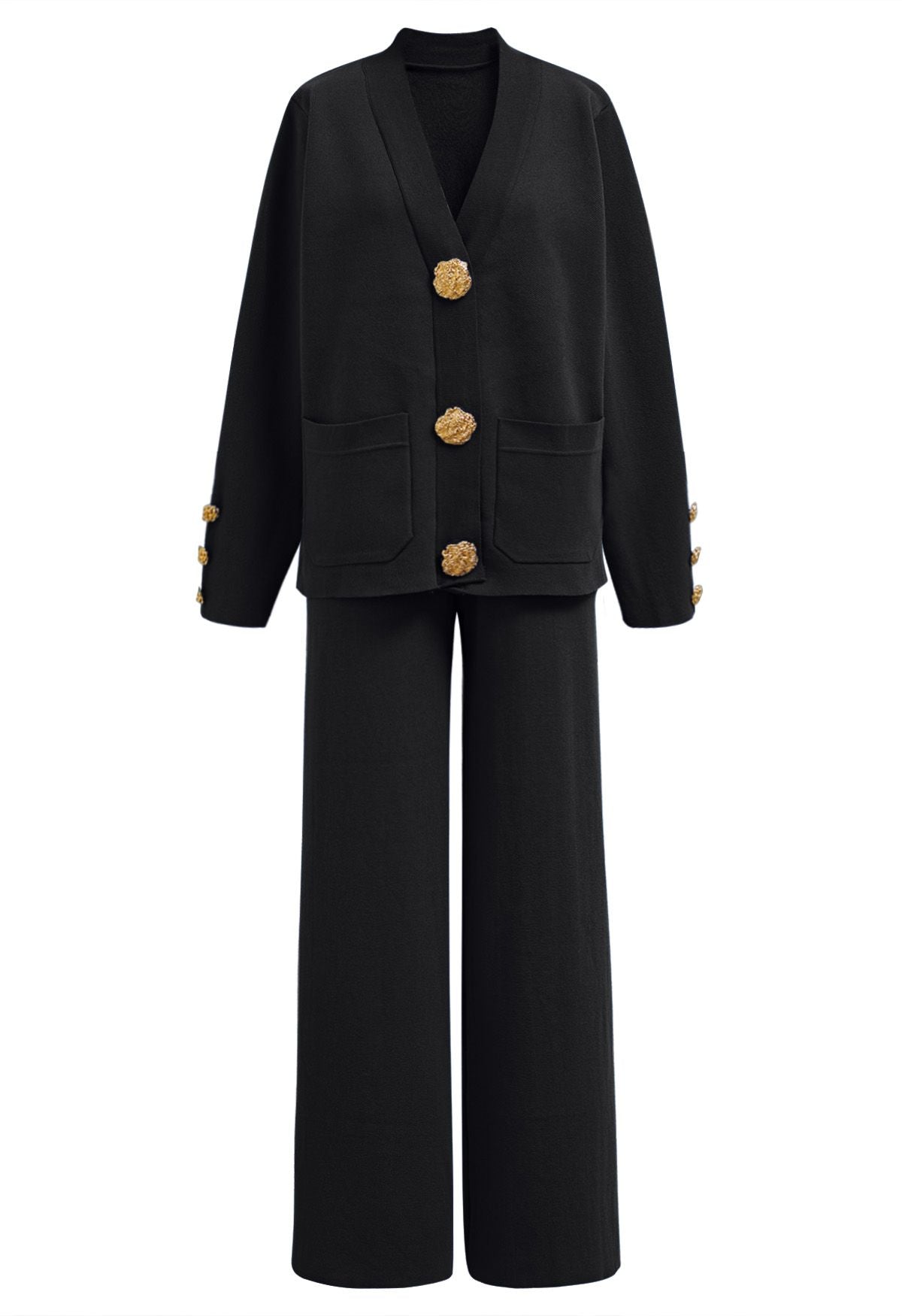 SOFIA | ENSEMBLE TRICOT CARDIGAN COL V BOUTONS DORÉS & PANTALON LARGE