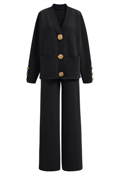SOFIA | ENSEMBLE TRICOT CARDIGAN COL V BOUTONS DORÉS & PANTALON LARGE