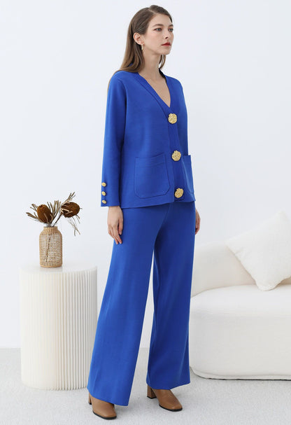 SOFIA | ENSEMBLE TRICOT CARDIGAN COL V BOUTONS DORÉS & PANTALON LARGE