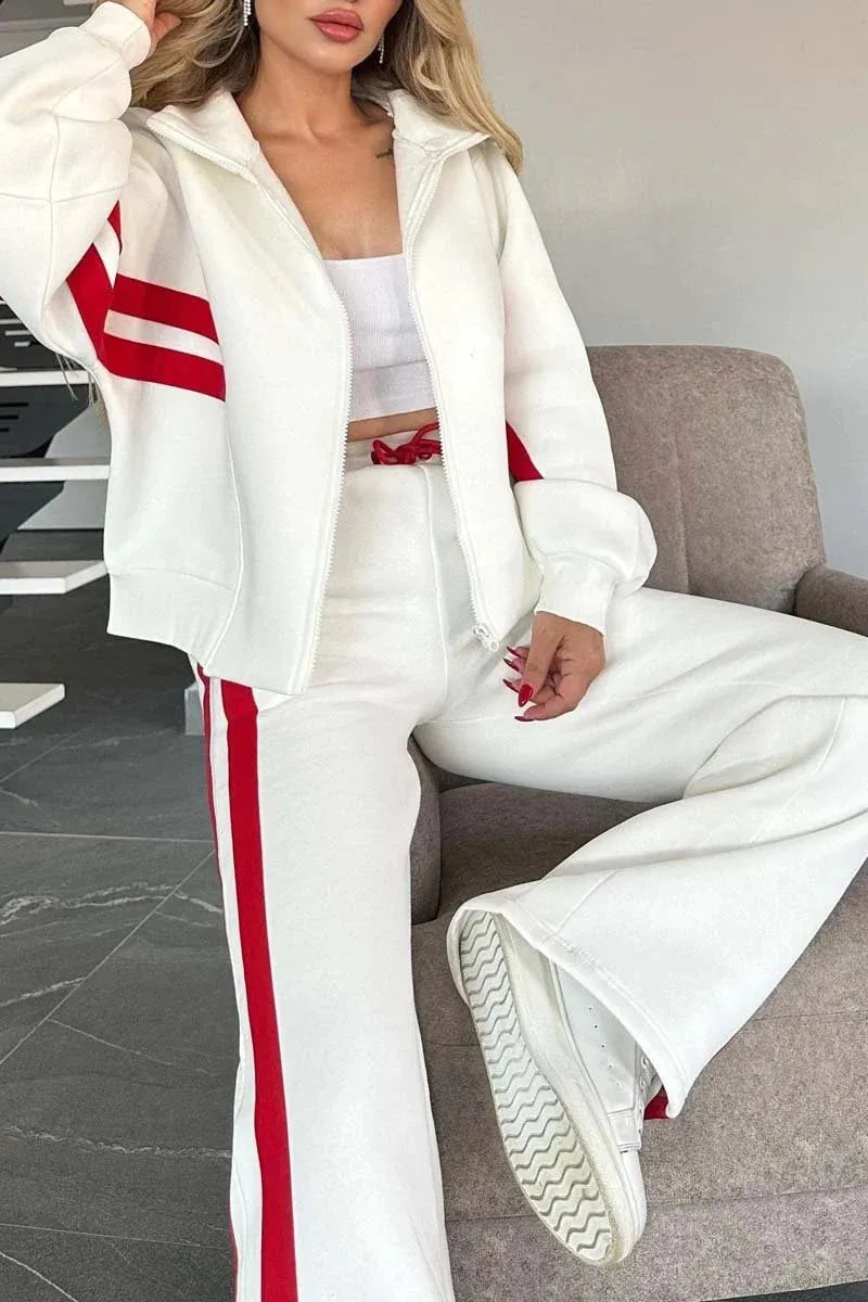 ÉLARA | ENSEMBLE VESTE ZIP & PANTALON LARGE À BANDES CONTRASTÉES