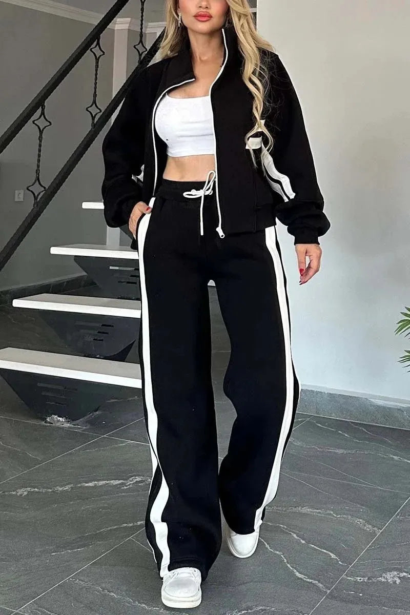 ÉLARA | ENSEMBLE VESTE ZIP & PANTALON LARGE À BANDES CONTRASTÉES