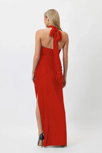 ROSA | ROBE HALTER FOURREAU AVEC FLEURS EN SATIN