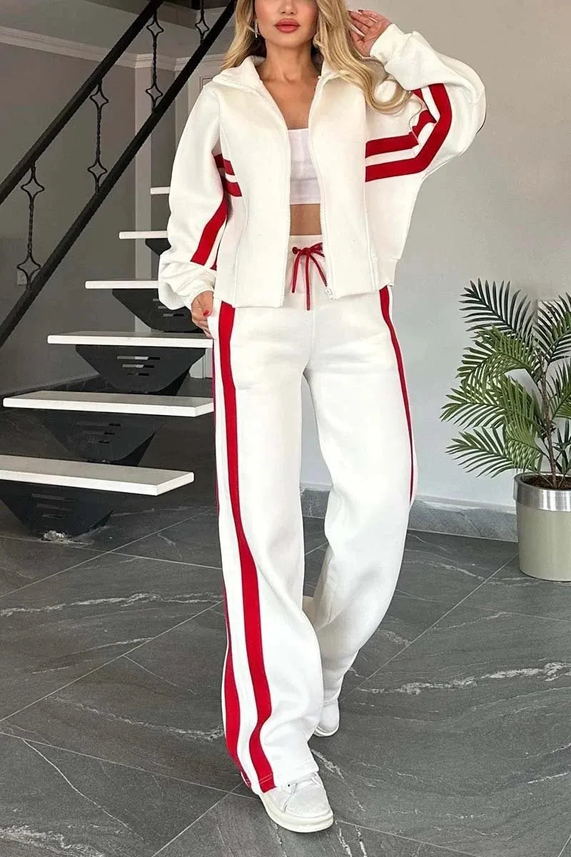 ÉLARA | ENSEMBLE VESTE ZIP & PANTALON LARGE À BANDES CONTRASTÉES