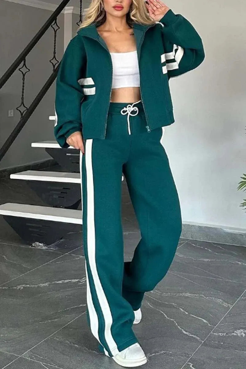 ÉLARA | ENSEMBLE VESTE ZIP & PANTALON LARGE À BANDES CONTRASTÉES