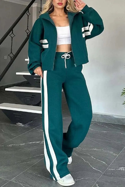 ÉLARA | ENSEMBLE VESTE ZIP & PANTALON LARGE À BANDES CONTRASTÉES