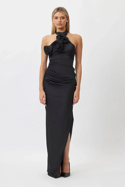 ROSA | ROBE HALTER FOURREAU AVEC FLEURS EN SATIN