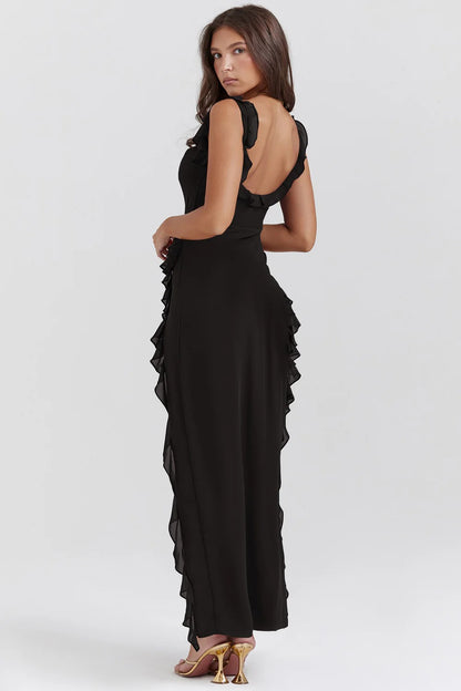 LUNA | ROBE LONGUE À VOLANTS EN CASCADE AVEC BRETELLES FRONCÉES