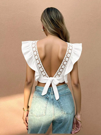 LOLA | TOP CROP BOHO TEXTURÉ VOLANTS ET INSERTS EN DENTELLE