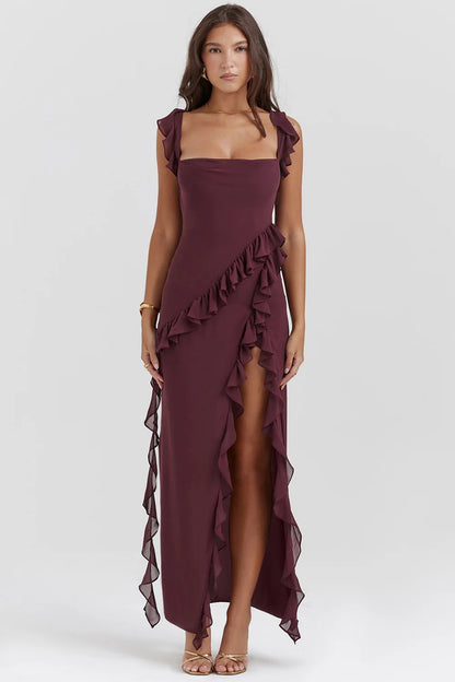 LUNA | ROBE LONGUE À VOLANTS EN CASCADE AVEC BRETELLES FRONCÉES