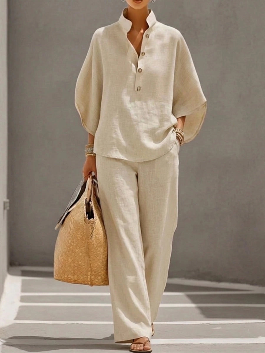 MAYA | ENSEMBLE LIN BLOUSE MANCHES BOUFFANTES BOUTONS & PANTALON LARGE