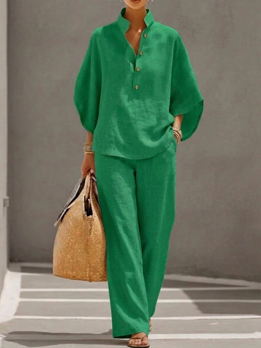 MAYA | ENSEMBLE LIN BLOUSE MANCHES BOUFFANTES BOUTONS & PANTALON LARGE