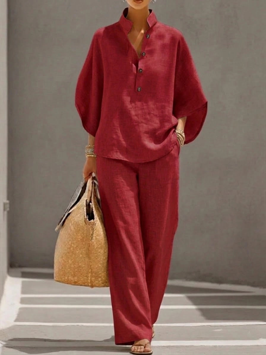 MAYA | ENSEMBLE LIN BLOUSE MANCHES BOUFFANTES BOUTONS & PANTALON LARGE