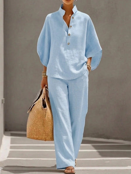 MAYA | ENSEMBLE LIN BLOUSE MANCHES BOUFFANTES BOUTONS & PANTALON LARGE