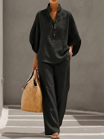 MAYA | ENSEMBLE LIN BLOUSE MANCHES BOUFFANTES BOUTONS & PANTALON LARGE