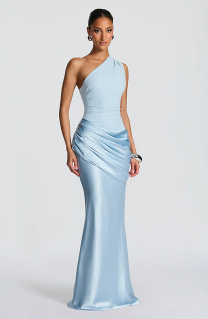 ARIA | ROBE LONGUE MONOBRETELLE EN SATIN DRAPÉE EFFET SIRÈNE