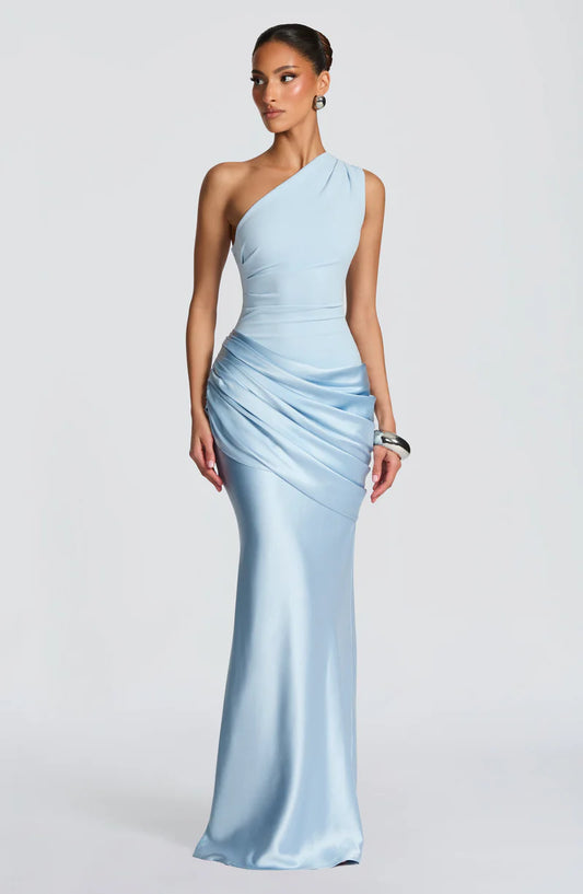 ARIA | ROBE LONGUE MONOBRETELLE EN SATIN DRAPÉE EFFET SIRÈNE