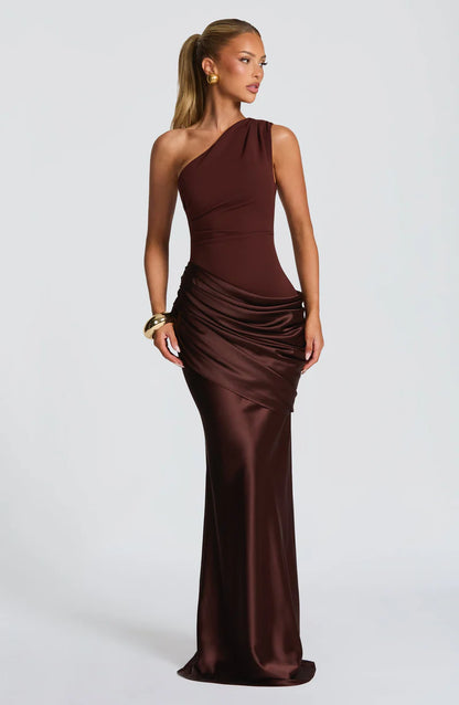 ARIA | ROBE LONGUE MONOBRETELLE EN SATIN DRAPÉE EFFET SIRÈNE