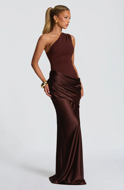 ARIA | ROBE LONGUE MONOBRETELLE EN SATIN DRAPÉE EFFET SIRÈNE